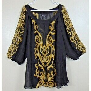 Lane Bryant Womens 26/28 Gold Baroque Peasant Blouse Boho Sheer 3/4 Sleeve Plus